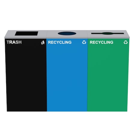 Alpine Industries 87 Gal. 3-Stream Steel Blue Recycling, Green Recycling, and Black Commercial Trash Can Station ALP4450-BLK-KIT39